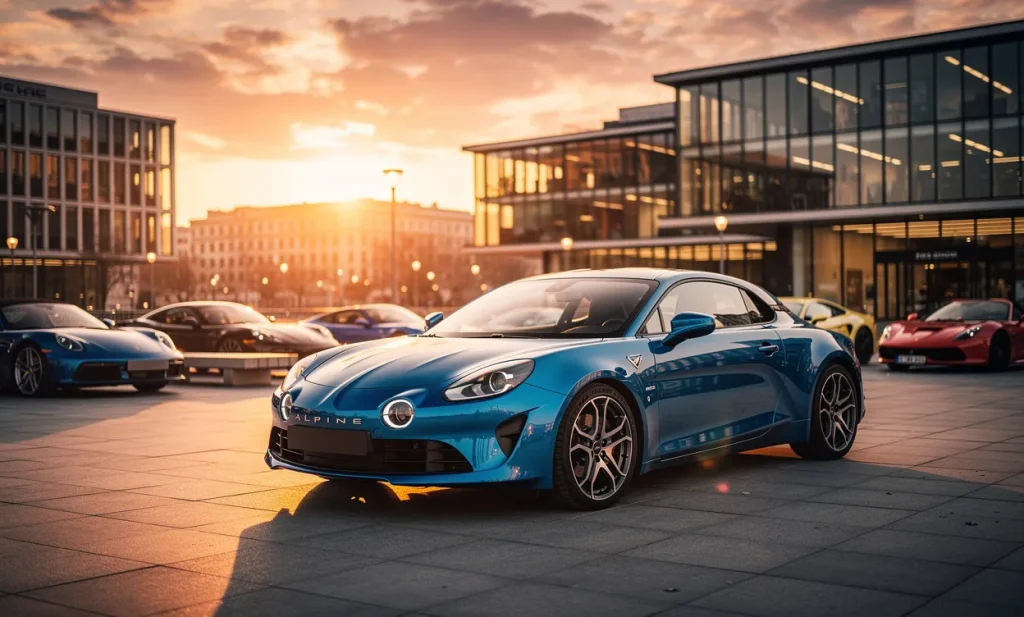 Plusieurs voitures de sport, dont une Alpine A110 S au premier plan, sont garées sur une place urbaine moderne au coucher du soleil.