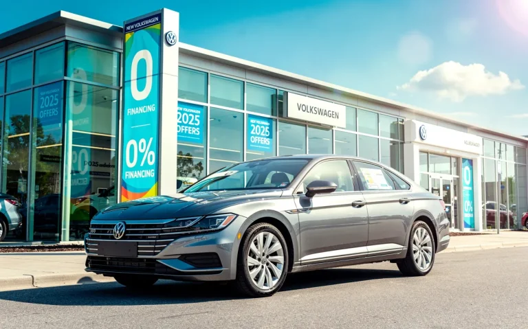 Une Volkswagen neuve est garée devant une concession moderne avec des banderoles annonçant un taux de financement à 0 % pour 2025, sous un ciel lumineux.