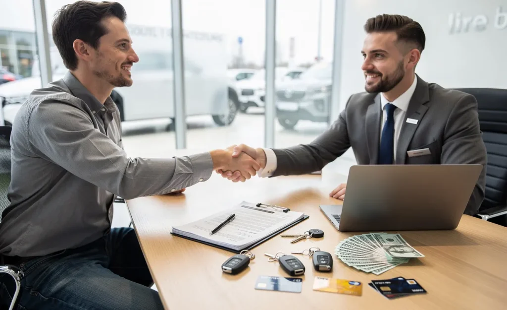 Un client serre la main à un vendeur de voitures dans une concession moderne, avec des clés, des documents, de l'argent, des cartes bancaires et un ordinateur portable sur le bureau.