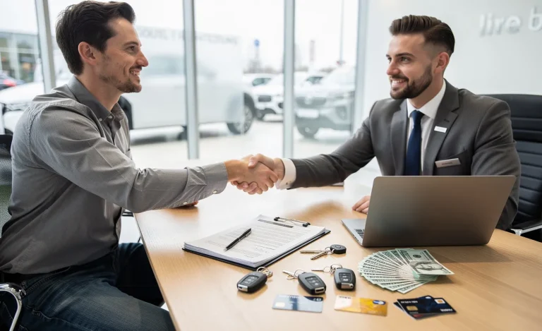Un client serre la main à un vendeur de voitures dans une concession moderne, avec des clés, des documents, de l'argent, des cartes bancaires et un ordinateur portable sur le bureau.
