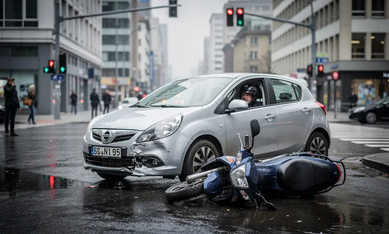 Un scooter et une voiture sont arrêtés au milieu d’une intersection urbaine après une légère collision, sur un bitume mouillé sous un ciel couvert.