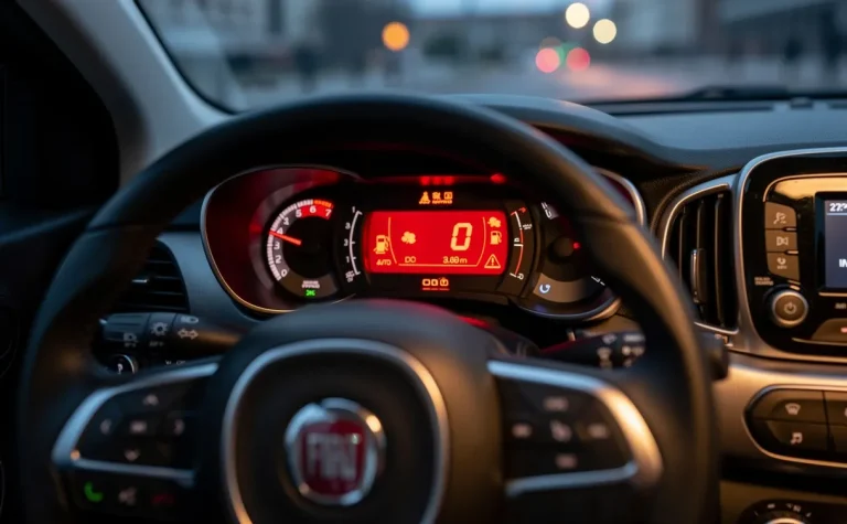 Tableau de bord d’une Fiat au crépuscule avec l’odomètre rouge clignotant et un éclairage tamisé sur les commandes.