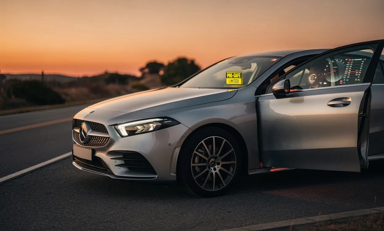 Une Mercedes-Benz Classe A moderne est garée au bord de la route au coucher du soleil, avec un tableau de bord affichant l’alerte « Pre-Safe Limited ».