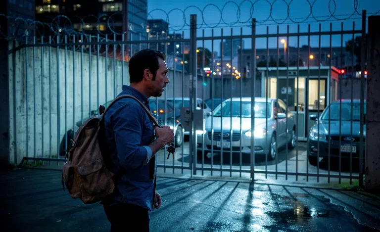 Un homme anxieux se tient devant la grille d’une fourrière urbaine au crépuscule, regardant sa voiture à travers la clôture, un trousseau de clés et un sac à dos à la main.