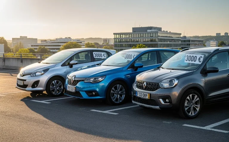 Trois voitures automatiques d’occasion en bon état sont garées côte à côte dans un parking urbain en fin d’après-midi, chacune affichant un prix de 3000 euros.