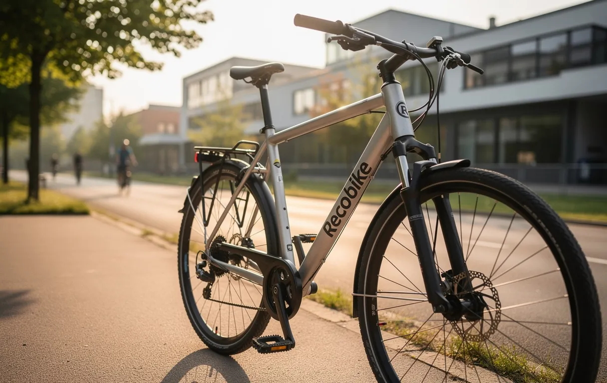 Un vélo moderne équipé d’un marquage antivol Recobike est stationné près d’une piste cyclable ensoleillée en ville.