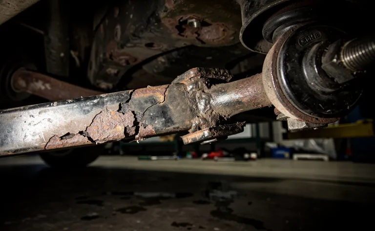 Une biellette de barre stabilisatrice usée et rouillée avec des fissures sous le châssis d’une voiture dans un garage peu éclairé.