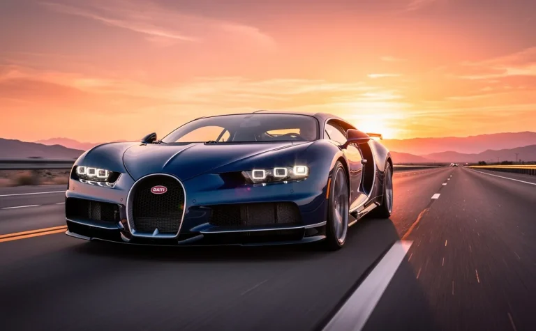 Une Bugatti Chiron bleue roule à grande vitesse sur une autoroute déserte au coucher du soleil, avec des traînées de mouvement et le ciel orangé se reflétant sur sa carrosserie.