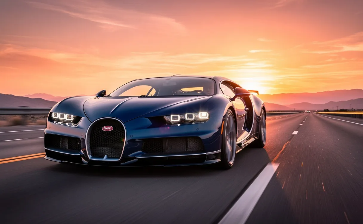 Une Bugatti Chiron bleue roule à grande vitesse sur une autoroute déserte au coucher du soleil, avec des traînées de mouvement et le ciel orangé se reflétant sur sa carrosserie.