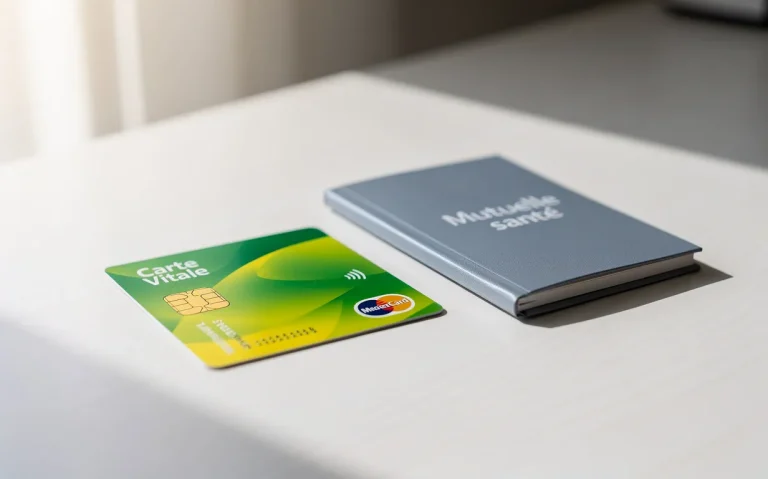 Une carte d’assurance maladie française posée à côté d’un livret de mutuelle fermé sur un bureau bien éclairé.