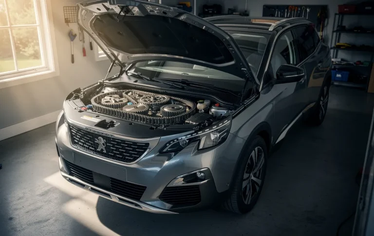 Un Peugeot 3008 moderne garé dans un garage ensoleillé avec le capot ouvert dévoilant son système de chaîne de distribution métallique.