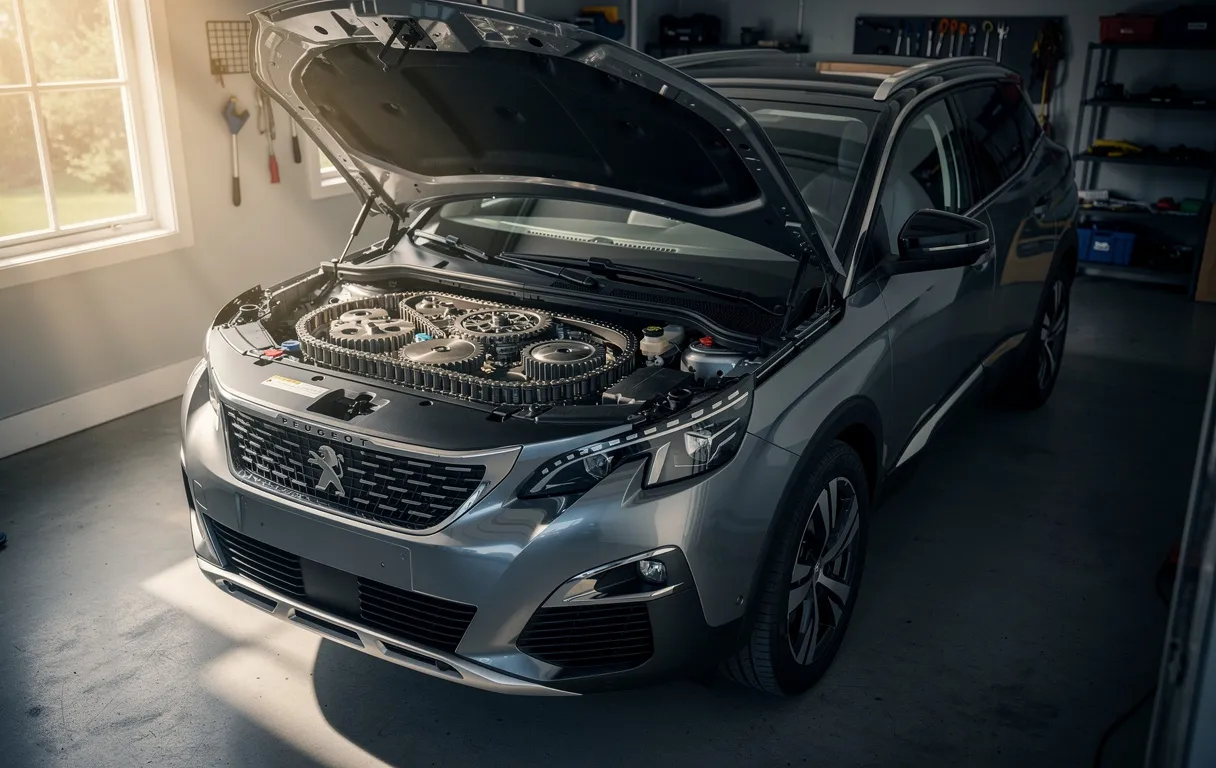 Un Peugeot 3008 moderne garé dans un garage ensoleillé avec le capot ouvert dévoilant son système de chaîne de distribution métallique.
