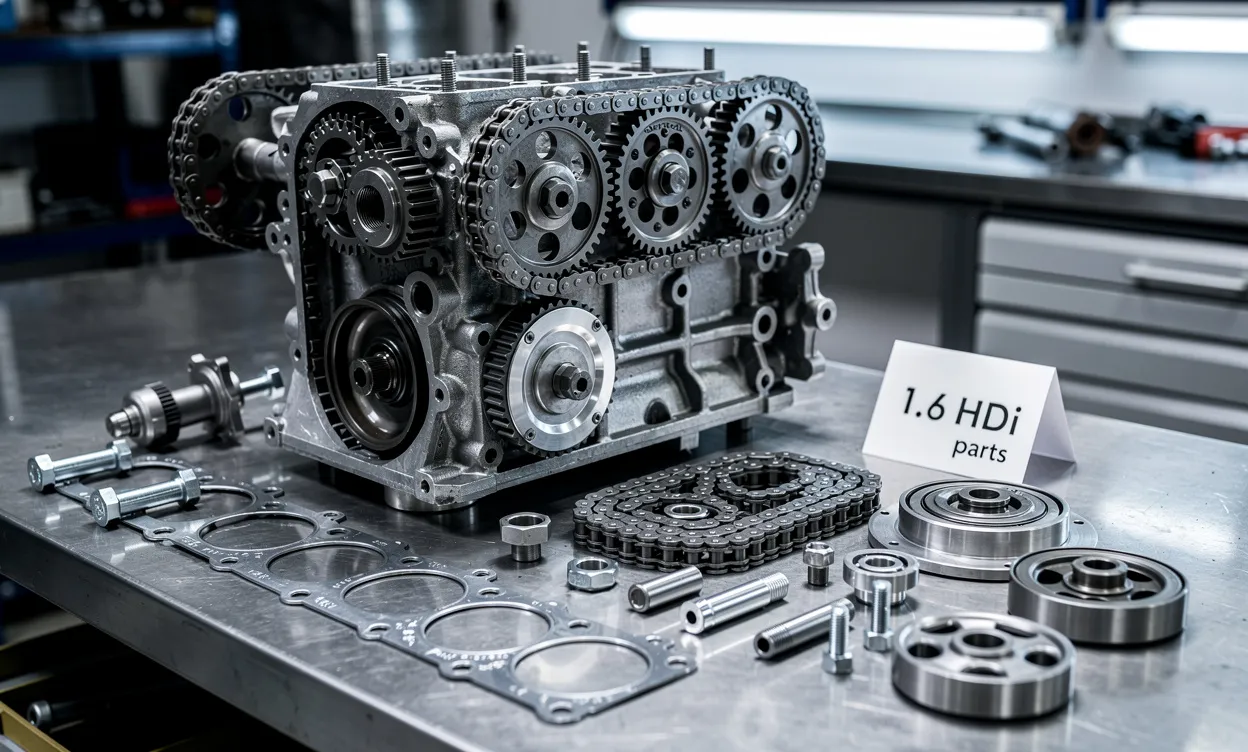 Un moteur 1.6 HDi avec la chaîne d’arbre à cames apparente repose sur un établi, entouré de pièces neuves et d’une étiquette de prix.