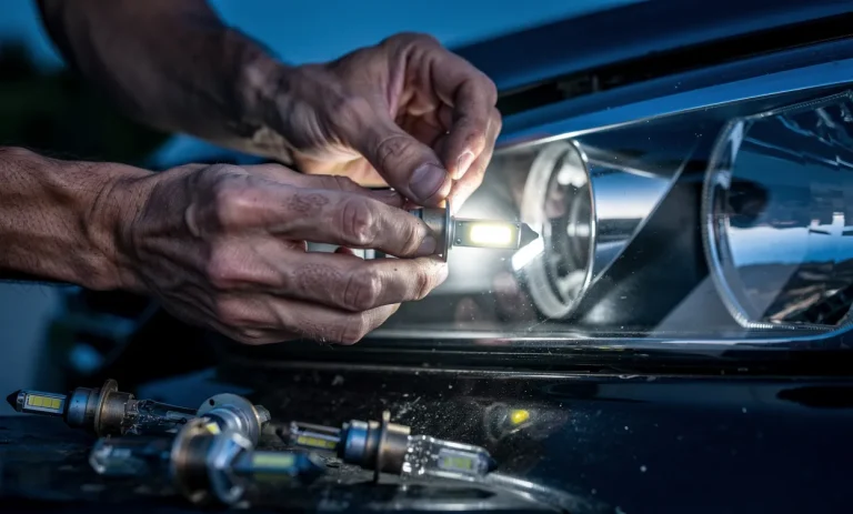 Une personne insère une ampoule LED blanche dans un phare de voiture, entourée d’anciennes ampoules halogènes, au crépuscule.