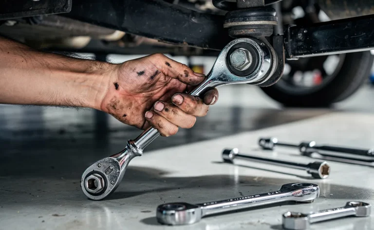 Un mécanicien remplace une biellette de barre stabilisatrice sous une voiture moderne, des outils posés à proximité.