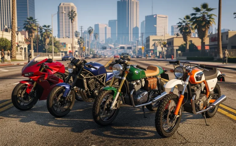 Cinq motos aux styles variés sont alignées sur une rue ensoleillée de Los Santos, avec la ville en arrière-plan et des reflets lumineux sur leur métal poli.
