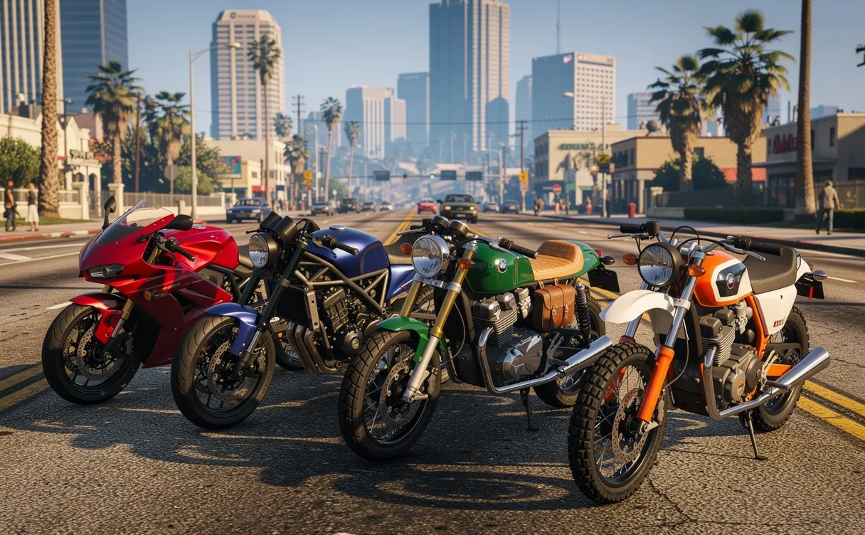 Cinq motos aux styles variés sont alignées sur une rue ensoleillée de Los Santos, avec la ville en arrière-plan et des reflets lumineux sur leur métal poli.