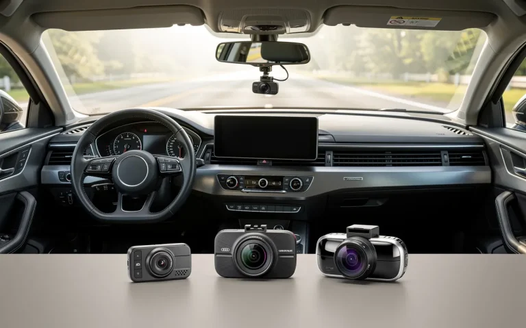 Tableau de bord d’une voiture moderne avec une dashcam installée sur le pare-brise et trois modèles de dashcams différents posés à l’avant-plan.