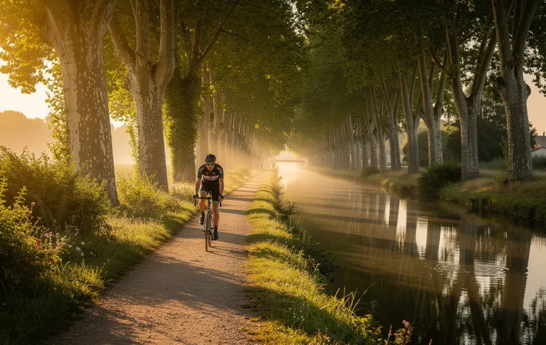 Un cycliste solitaire longe le Canal du Midi bordé de platanes, sous une lumière matinale dorée avec des reflets sur l’eau calme et une végétation verdoyante.