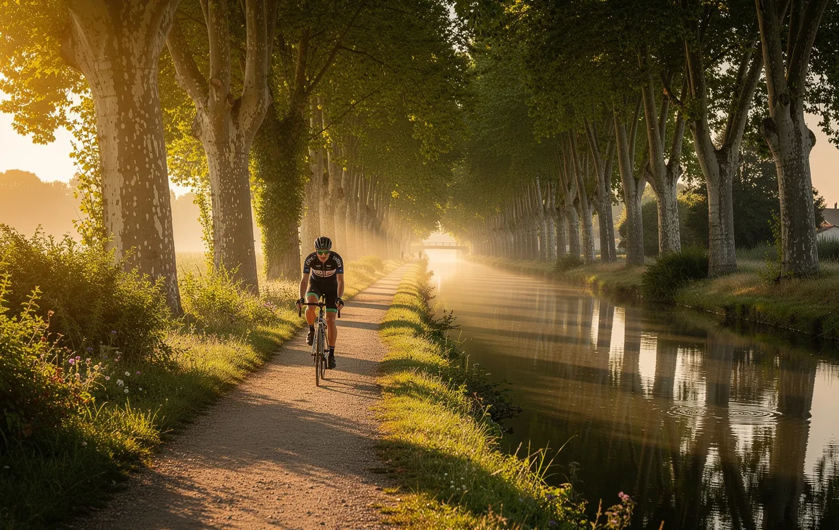 Un cycliste solitaire longe le Canal du Midi bordé de platanes, sous une lumière matinale dorée avec des reflets sur l’eau calme et une végétation verdoyante.