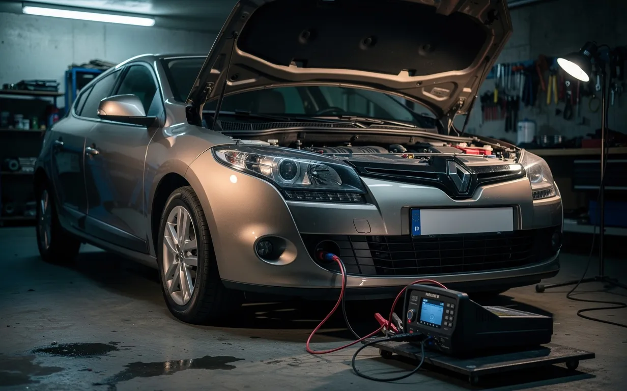 Renault Mégane 3 garée dans un garage sombre avec le capot ouvert et un outil de diagnostic relié à la batterie.
