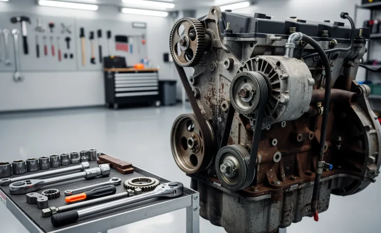 Un moteur Renault Kangoo 1.5 dCi avec la courroie de distribution visible, des outils posés à côté dans un garage propre et bien éclairé.
