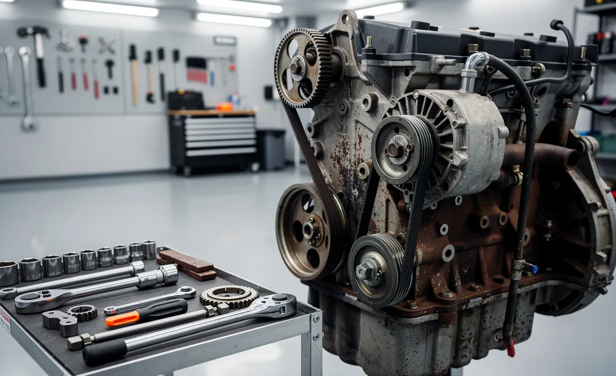 Un moteur Renault Kangoo 1.5 dCi avec la courroie de distribution visible, des outils posés à côté dans un garage propre et bien éclairé.