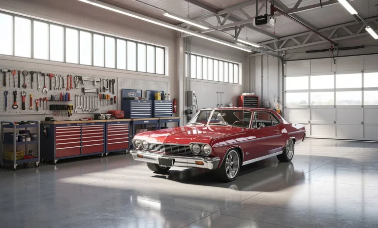 Un garage automobile lumineux et ordonné avec une voiture ancienne stationnée au centre, des outils soigneusement disposés et une lumière naturelle entrant par de grandes fenêtres.