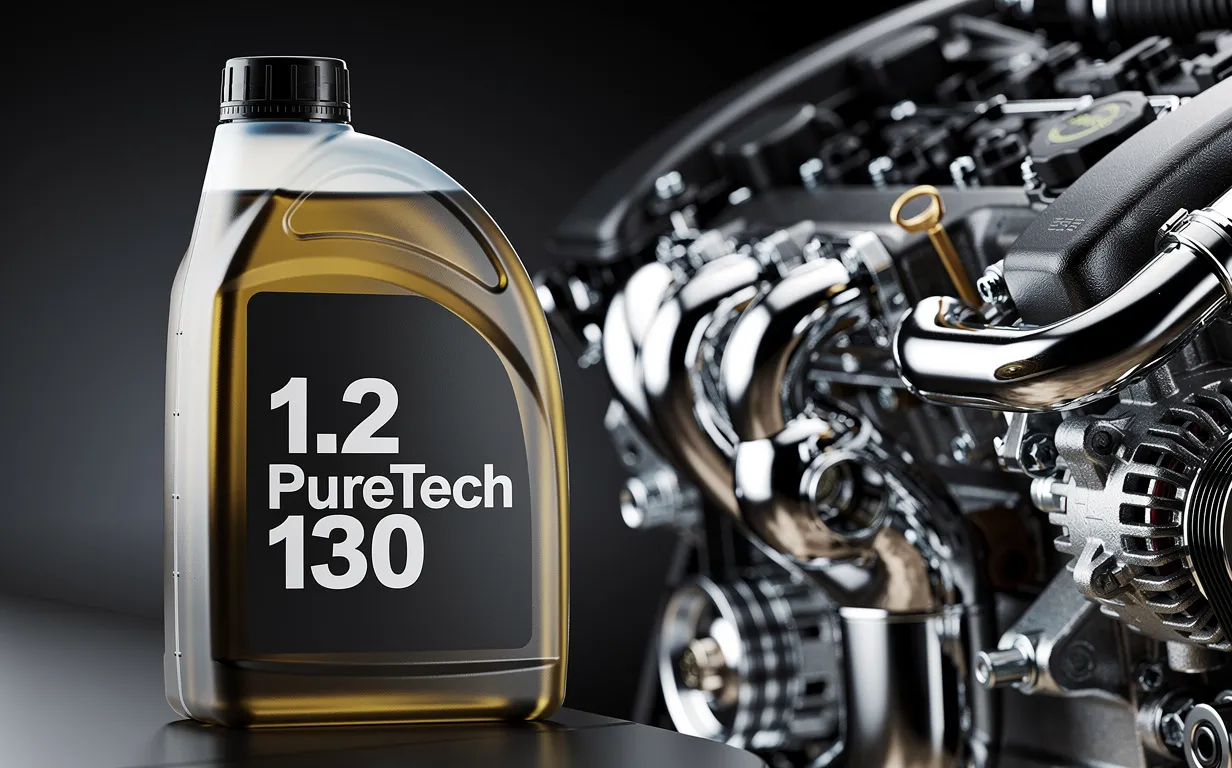 Bouteille d’huile moteur 1.2 PureTech 130 posée près d’un moteur de voiture aux reflets chromés.