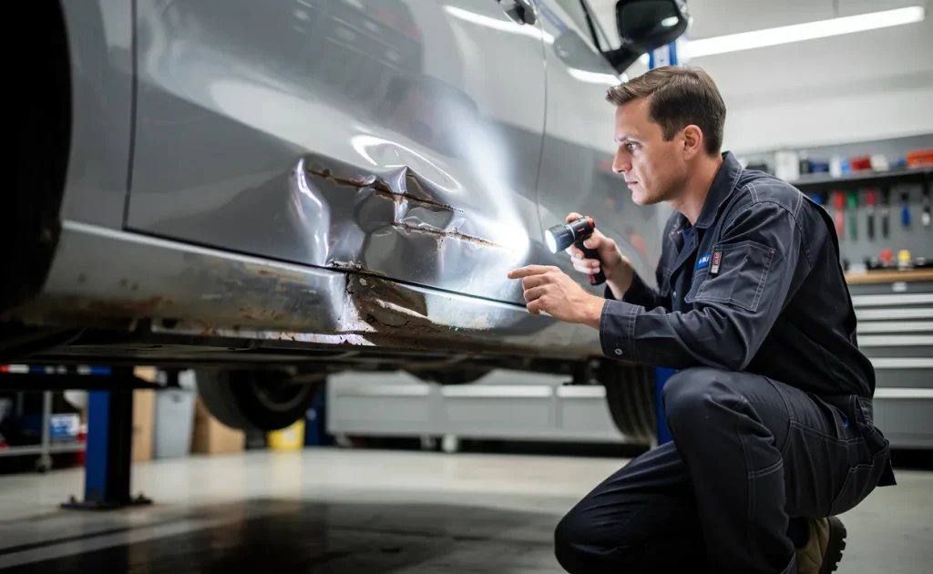 Un mécanicien examine le bas de caisse cabossé d’une voiture surélevée dans un garage moderne avec une lampe torche.