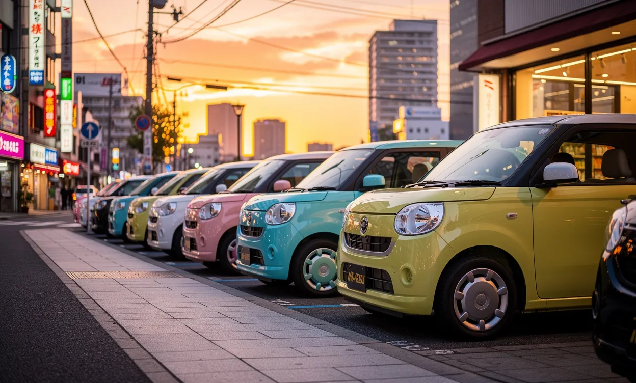 Des petites voitures japonaises colorées sont garées en file le long d’une rue urbaine éclairée au crépuscule.
