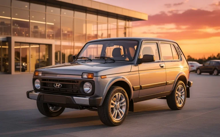 Une Lada Niva neuve est stationnée devant une concession automobile moderne au coucher du soleil.