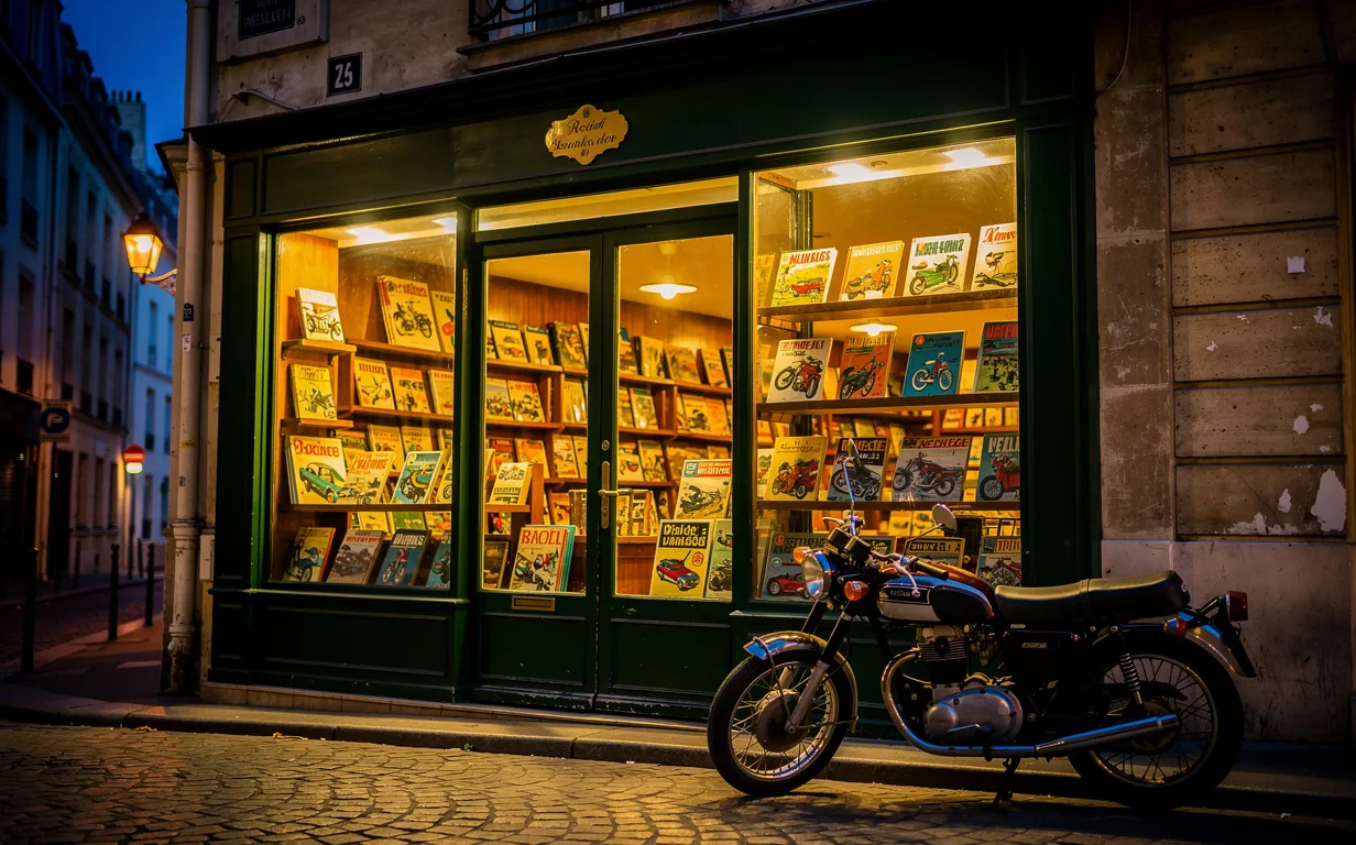 Façade d’une librairie parisienne éclairée au crépuscule, avec des bandes dessinées de voitures et motos exposées en vitrine et une moto classique garée devant l’entrée.