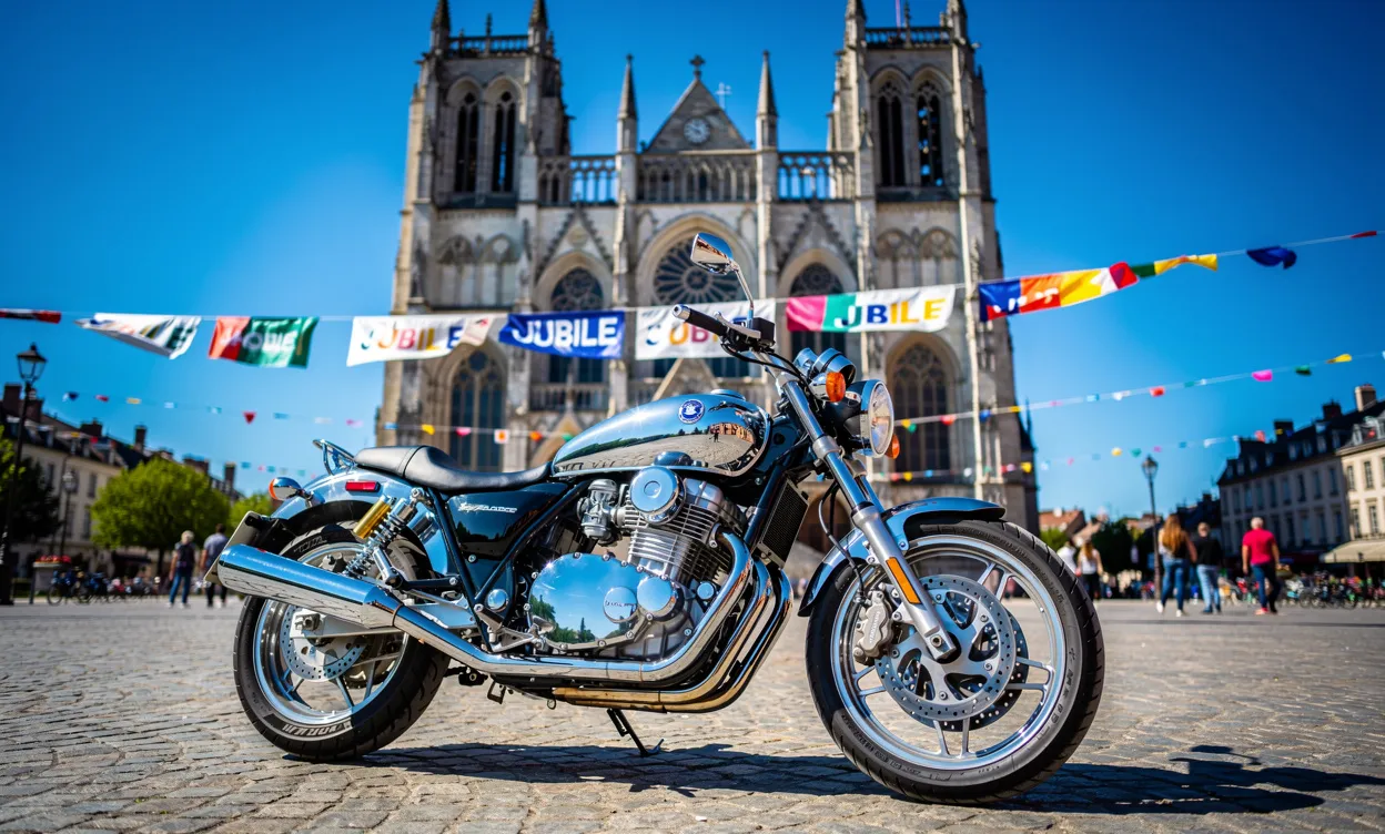 Une moto chromée stationnée devant la cathédrale de Noyon sous un ciel bleu avec une bannière de jubilaire flottant, dans une ambiance festive.