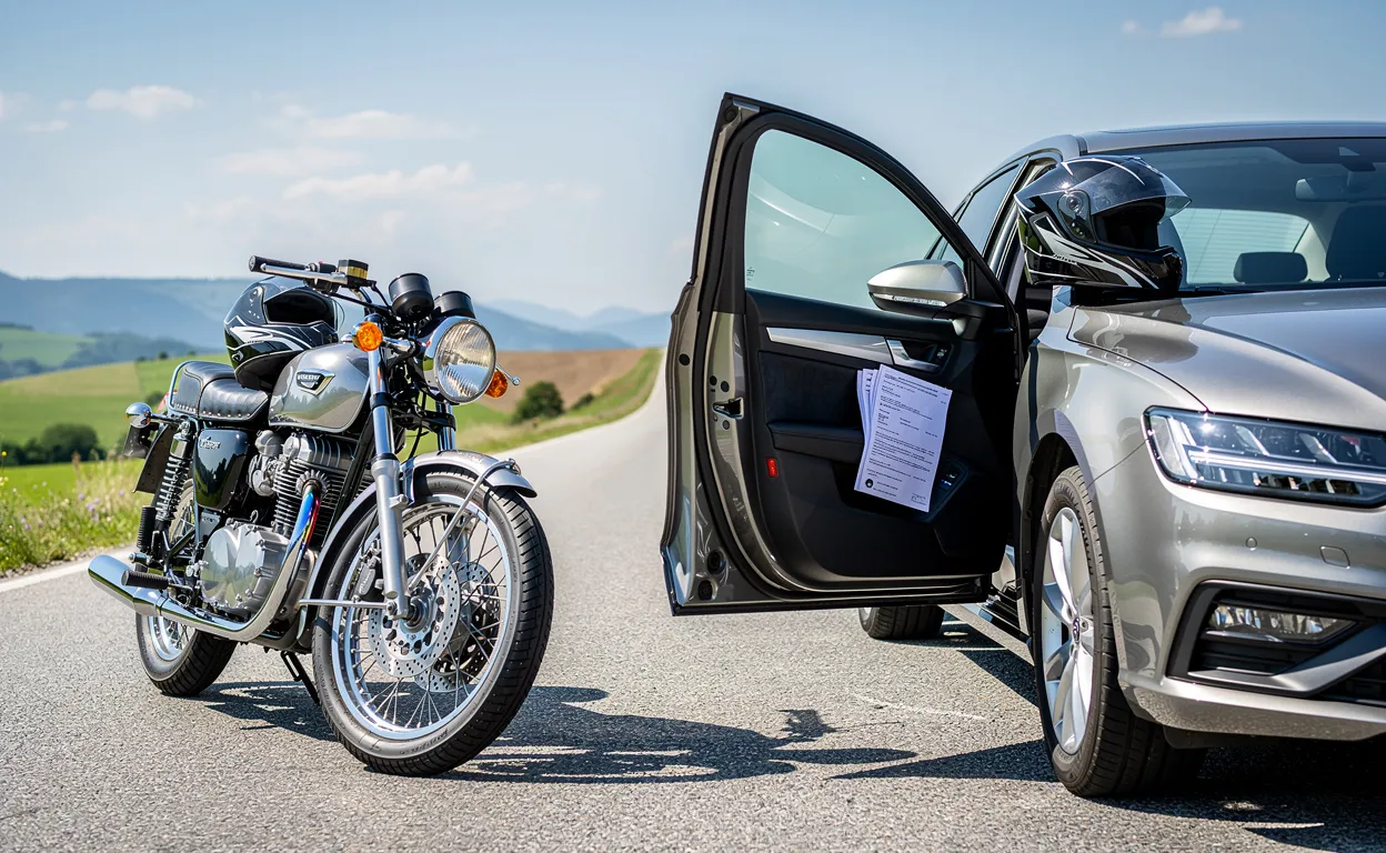 Une moto classique et une voiture moderne sont garées côte à côte sur une route panoramique, avec des casques posés sur les sièges et des papiers d’assurance visibles dans la boîte à gants, sous un ciel bleu.