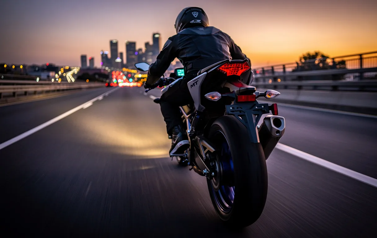 Une moto Yamaha MT-03 roule à grande vitesse sur une autoroute déserte au crépuscule, avec des lumières urbaines floues à l’arrière-plan.