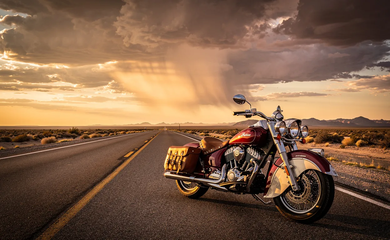 Une moto Indian classique est garée sur une route américaine déserte au coucher du soleil sous un ciel nuageux.