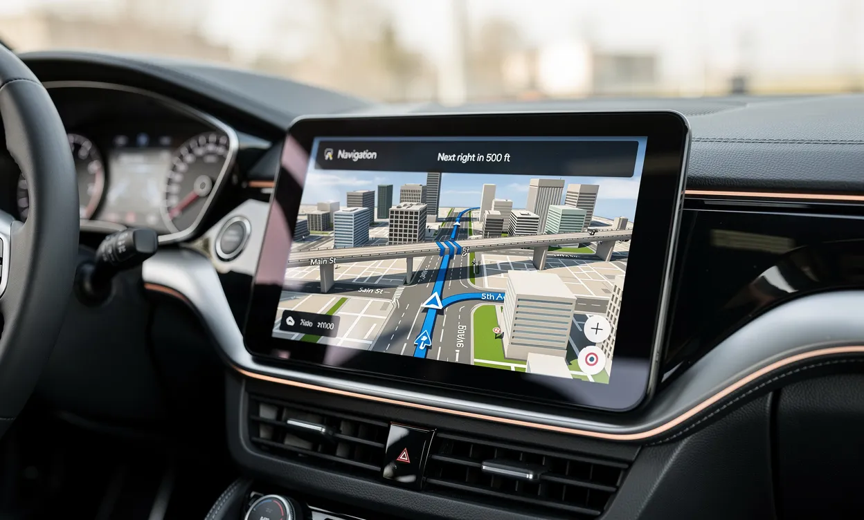 Tableau de bord de voiture moderne affichant Android Auto avec Google Maps en vue 3D, montrant des bâtiments et routes en relief sous une lumière douce.