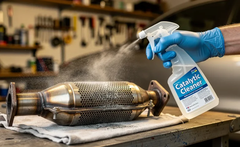 Un convertisseur catalytique de voiture est nettoyé par une main gantée avec un spray abordable dans un garage domestique bien éclairé.