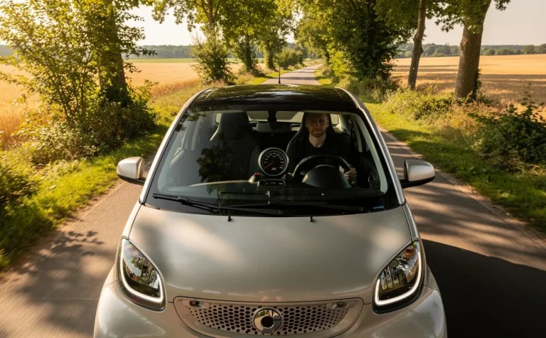 Une voiture sans permis moderne roule sur une route de campagne ensoleillée, avec le compteur de vitesse visible à travers le pare-brise.