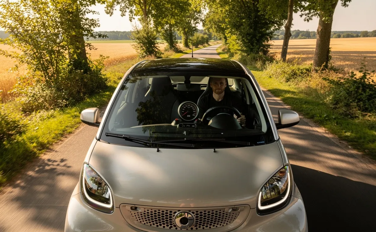 Une voiture sans permis moderne roule sur une route de campagne ensoleillée, avec le compteur de vitesse visible à travers le pare-brise.