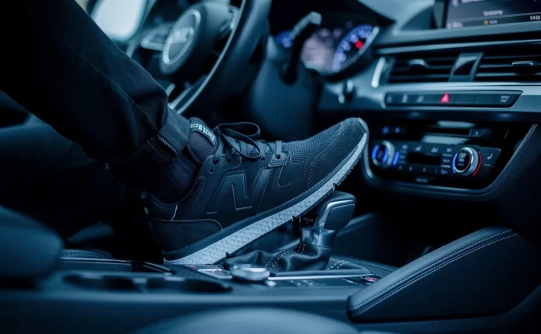 Un intérieur de voiture montre les pieds du conducteur relâchant la pédale d’embrayage, avec le volant et le tableau de bord vibrant légèrement sous une lumière bleuâtre.
