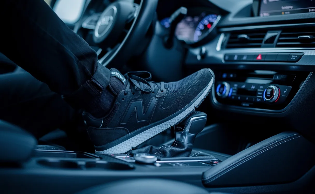 Un intérieur de voiture montre les pieds du conducteur relâchant la pédale d’embrayage, avec le volant et le tableau de bord vibrant légèrement sous une lumière bleuâtre.