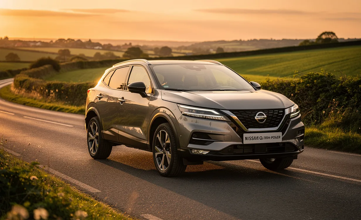 Un Nissan Qashqai e-Power est garé sur une route de campagne sinueuse au coucher du soleil, entouré de champs verdoyants reflétés sur sa carrosserie brillante.