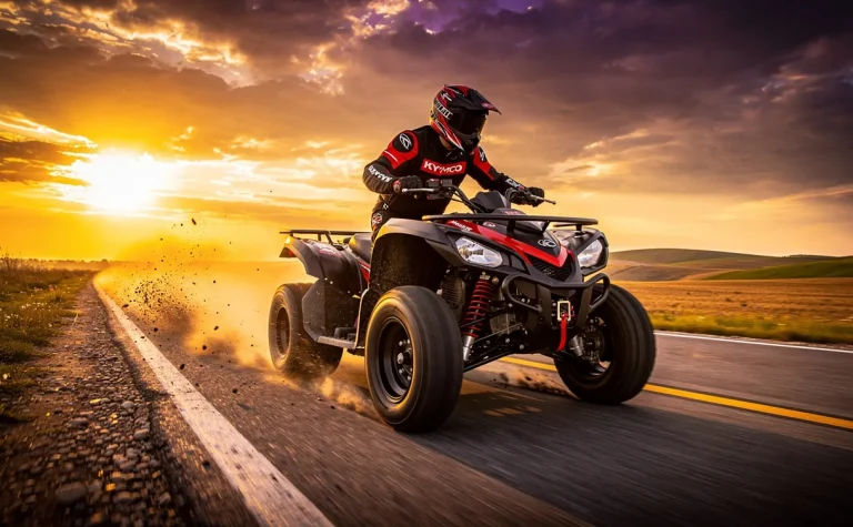 Un quad Kymco Maxxer 300 roule à vive allure sur une route de campagne sous un coucher de soleil doré, avec une traînée de poussière.