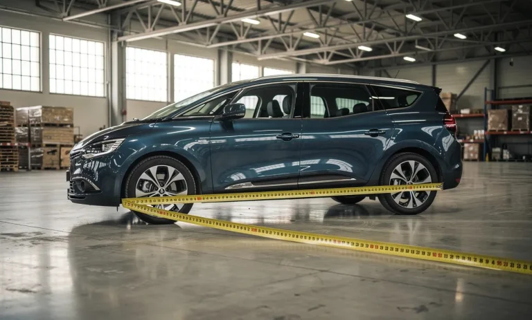 Un Renault Grand Scénic 4 est garé dans un vaste entrepôt lumineux, un ruban à mesurer jaune est déployé le long de la carrosserie.