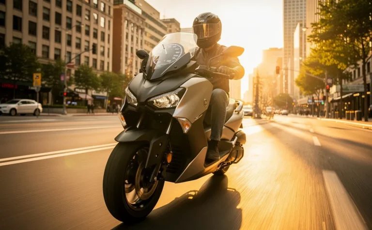 Un scooter Yamaha XMAX 125 roule rapidement sur un boulevard urbain ensoleillé avec le compteur de vitesse visible et des immeubles flous à l’arrière-plan.