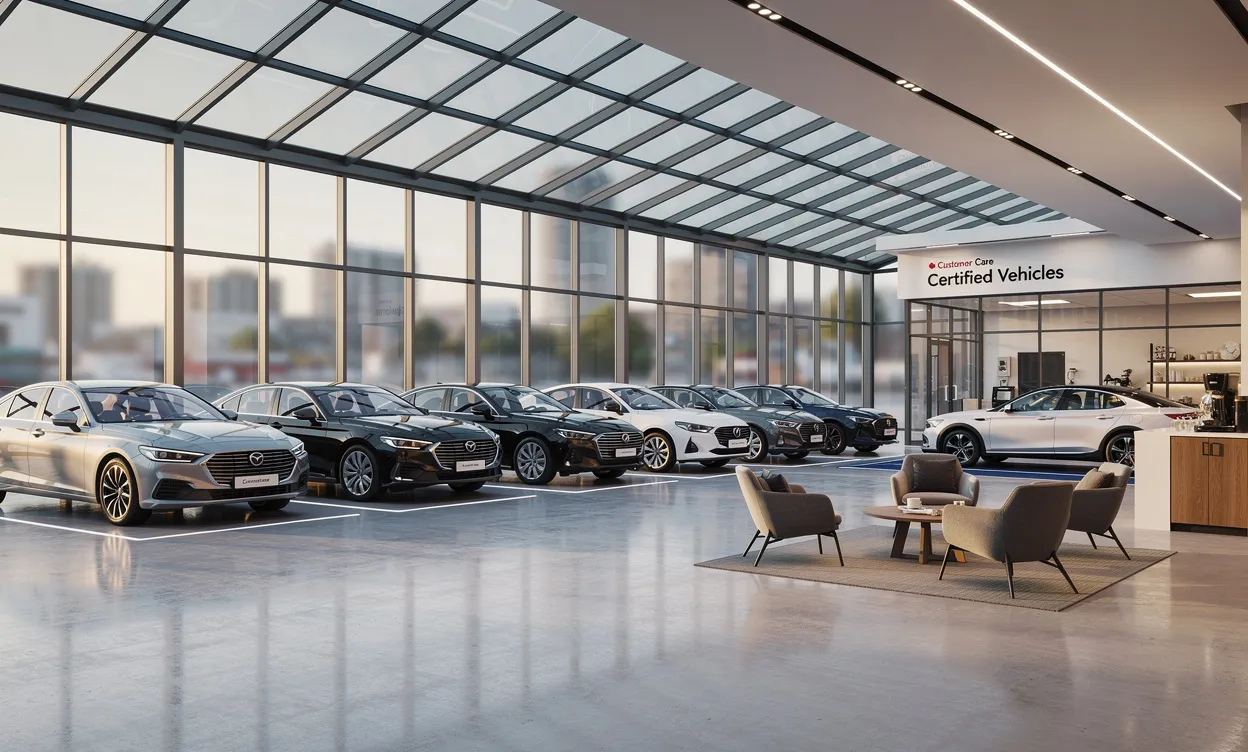 Showroom de voitures d’occasion sous verrière moderne avec des véhicules certifiés exposés dans une ambiance accueillante et lumineuse.