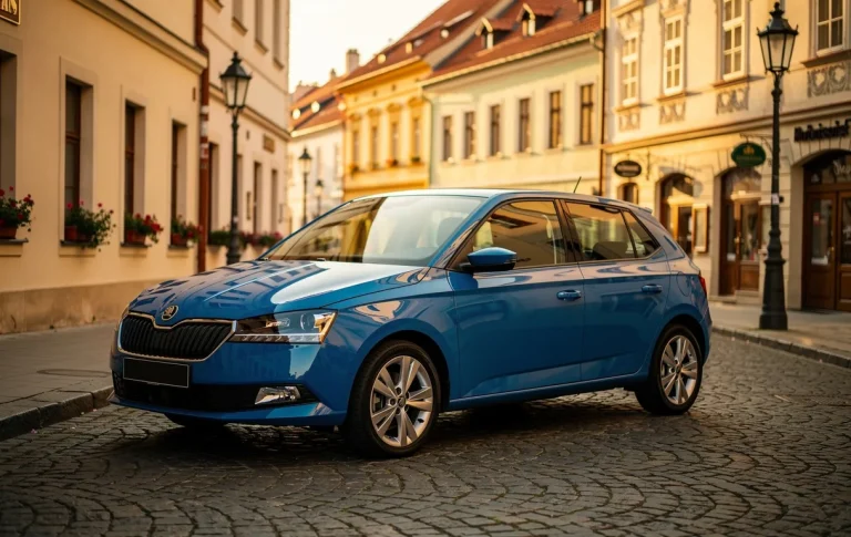 Une Skoda Fabia bleue est garée sur une rue pavée d’une ville tchèque baignée d'une lumière dorée.