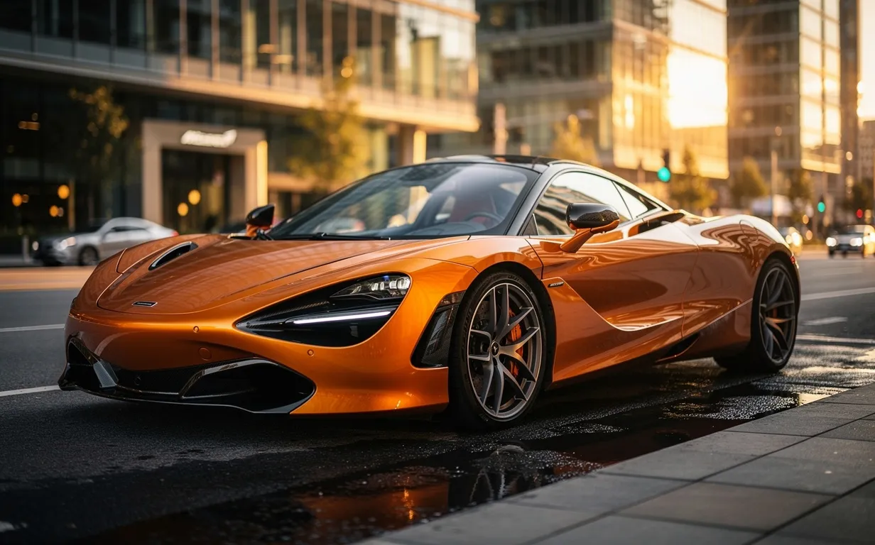 Une McLaren 720S orange est garée sur une rue urbaine mouillée au coucher du soleil, reflétant la lumière dorée sur son capot aérodynamique.